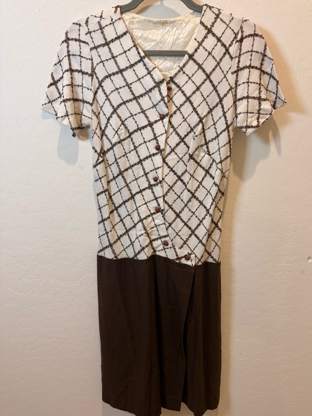 Union Made Vintage Cream and Brown Check Button-Front Dress